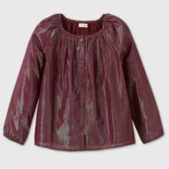 Cat & Jack Girls Burgundy Long Sleeve Button-Front Shine Blouse V-ARIOUS SIZES - Picture 1 of 5